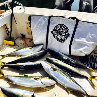eight caught fish next to insulated fish kill bag